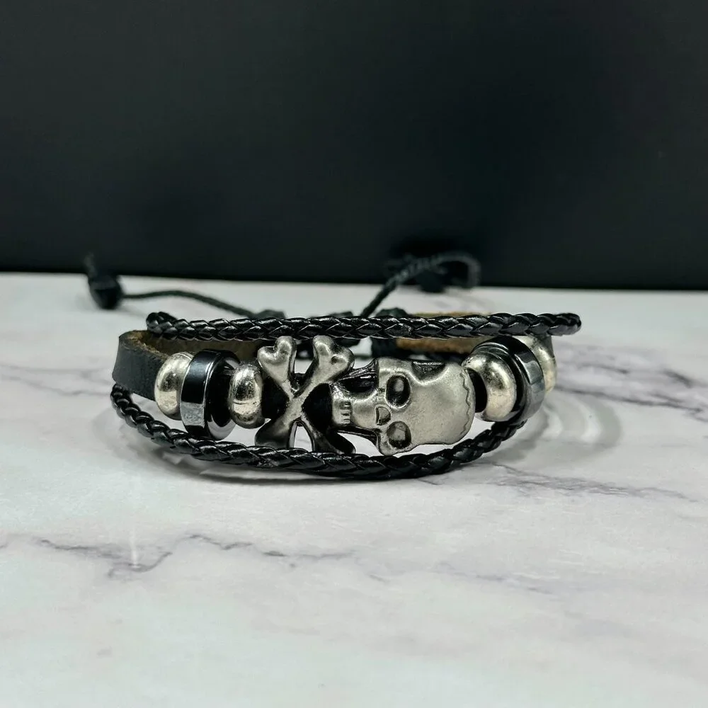 Mens Skull Cross Bracelet Leather Cord Metal Beads Adjustable Punk Biker